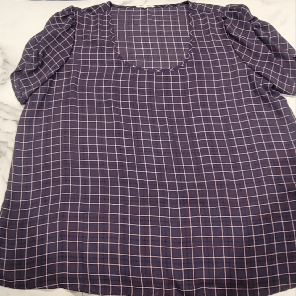 Maurices Blue Plaid Ruched Sleeve Blouse - Sz XXL
